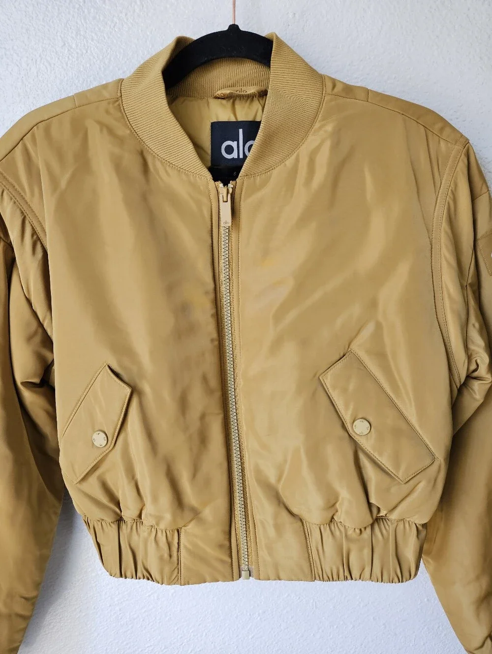 Alo Yoga Cropped Break Line Bomber Jacket Gold Ochre Mustard Size Small